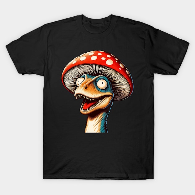Funny Velociraptor Mushroom Hat Dinosaur Garden T-Shirt by TomFrontierArt